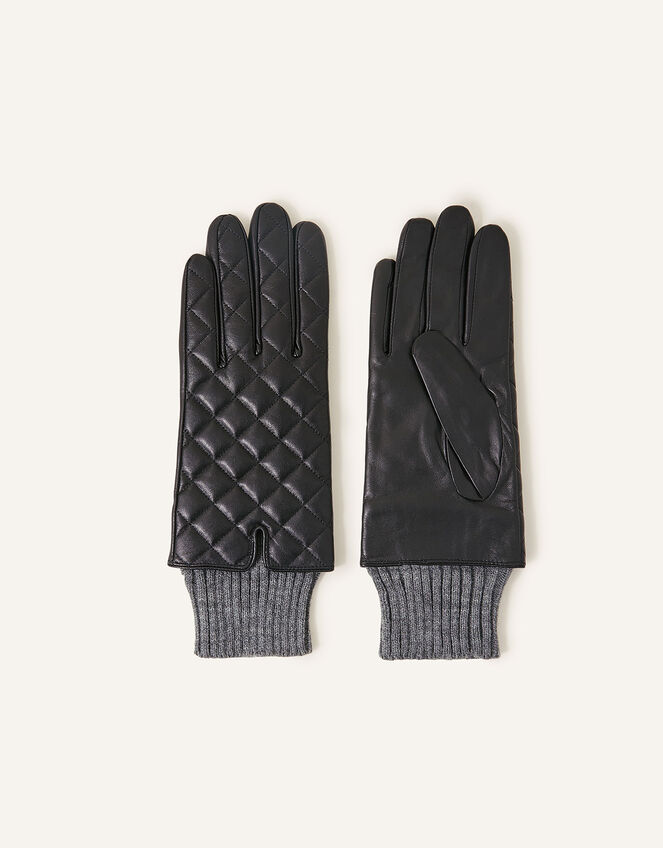 Quilted Leather Gloves, Black (BLACK), large