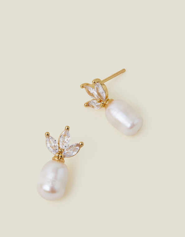 14ct Gold-Plated Diamante Pearl Drop Earrings, , large