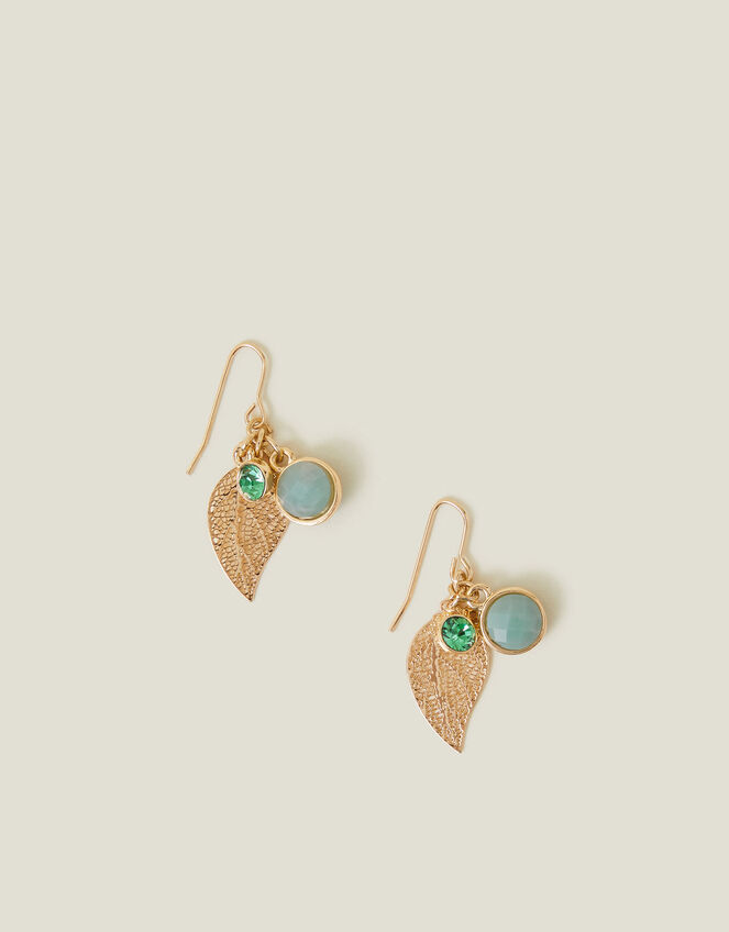 Stone Charm Leaf Drop Earrings, , large