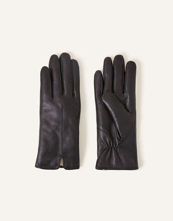 Faux Fur-Lined Leather Gloves, Black (BLACK), large