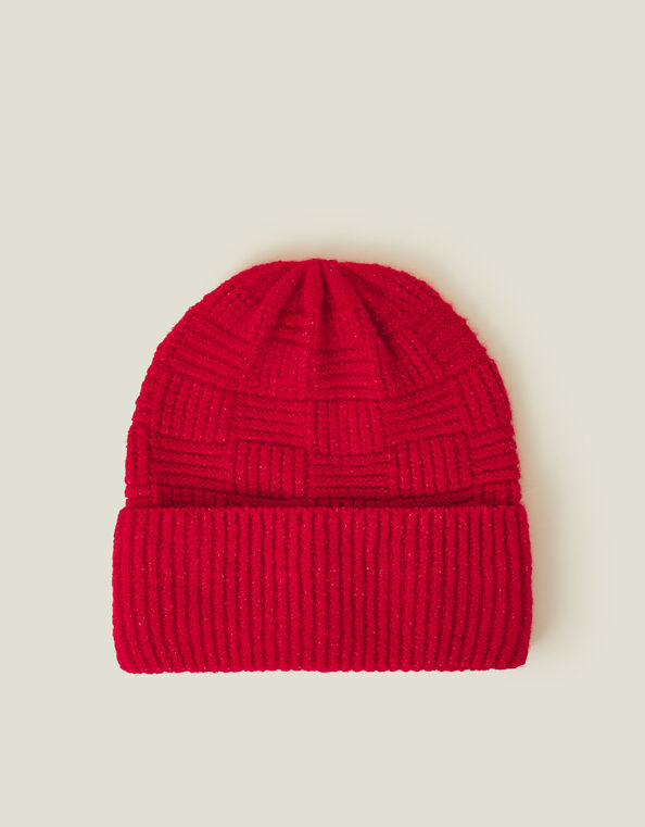 Knitted Rib Check Beanie Hat, Red (RED), large