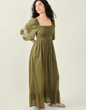 Puff Sleeve Maxi Dress, Green (KHAKI), large