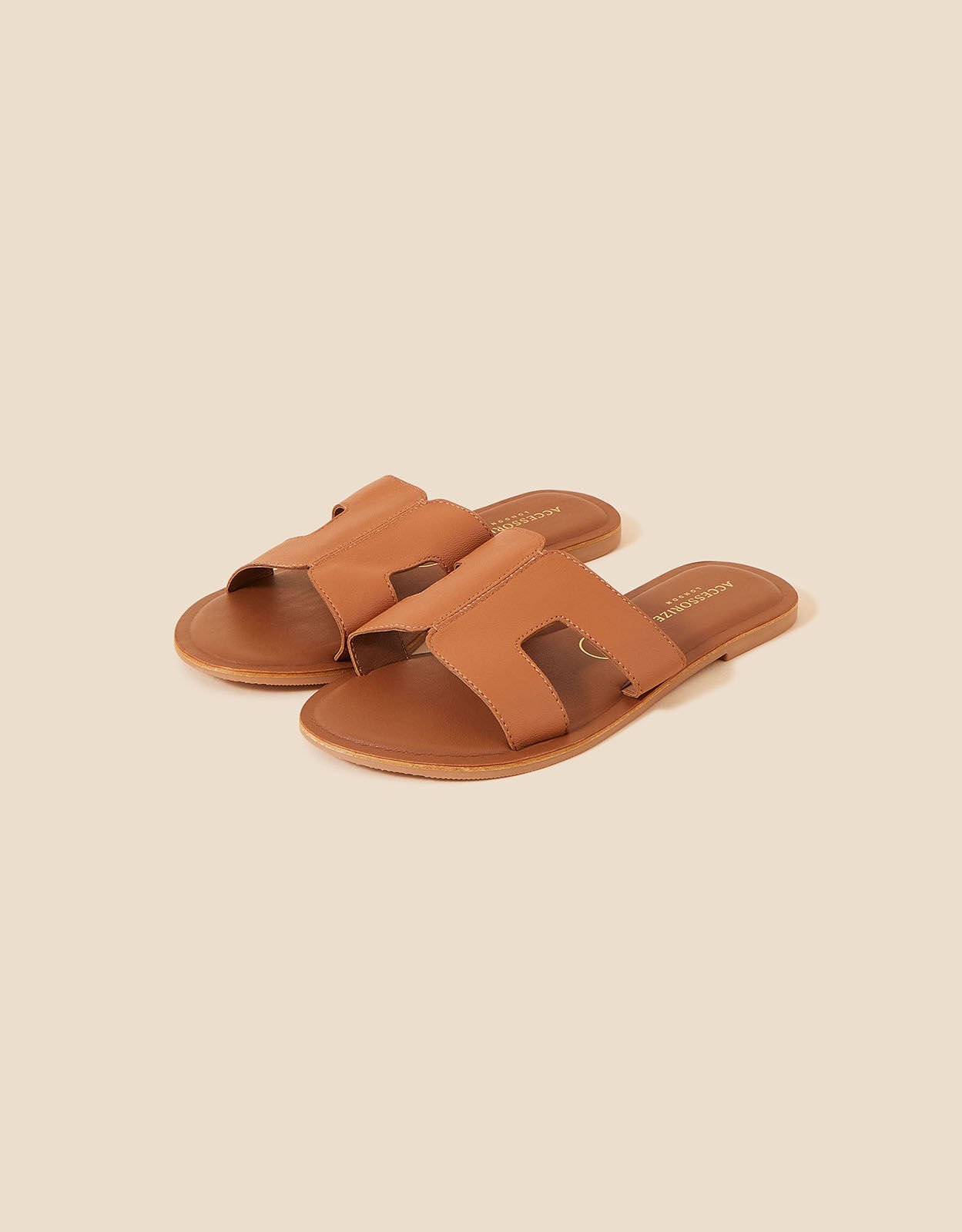 Wide Fit Cut Out Leather Sliders Tan Sandals Flip Flops