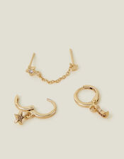 2-Pack 14ct Gold-Plated Celestial Chain Stud and Hoop Earrings, , large