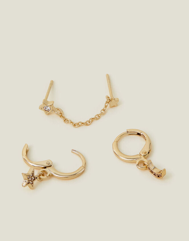 2-Pack 14ct Gold-Plated Celestial Chain Stud and Hoop Earrings, , large