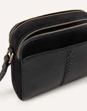 Leather Double Zip Cross-Body Bag, Black (BLACK), large