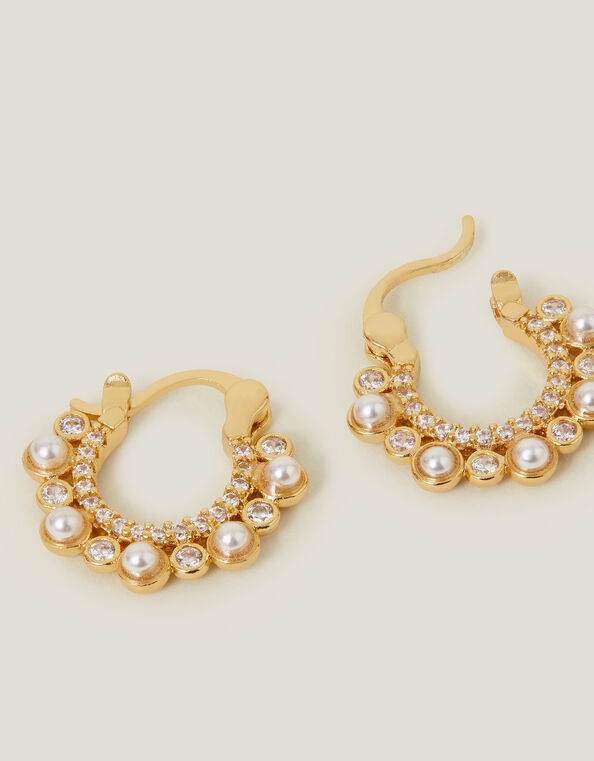 14ct Gold-Plated Sparkle Pearl Hoop Earrings, , large