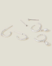 Sterling Silver Pearl Stud and Hoop Earrings Set of Three, , large