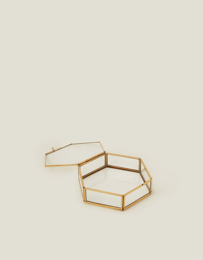 Medium Hexagon Brass Glass Jewellery Box, , large