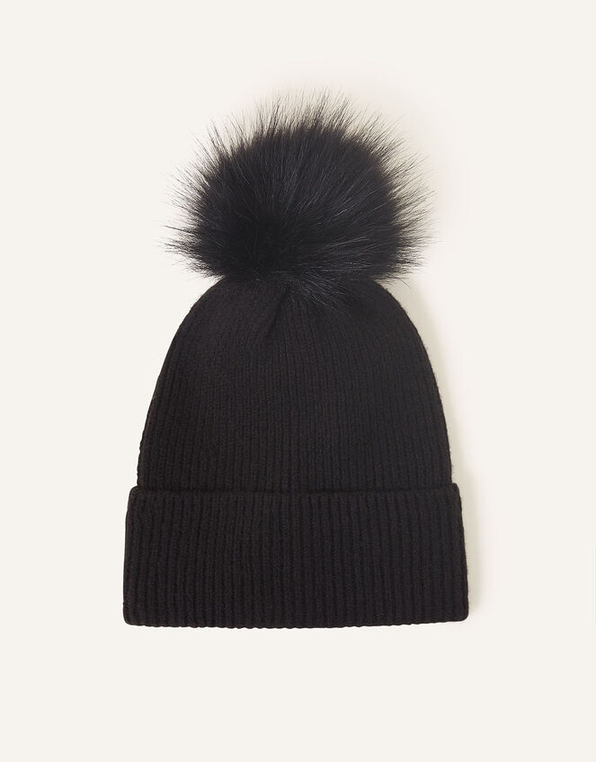 Knit Pom-Pom Beanie, Black (BLACK), large