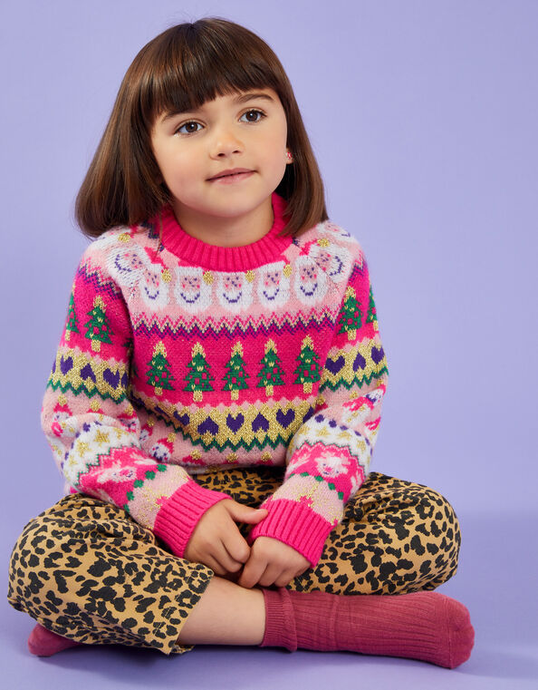 Girls Fair Isle Christmas Jumper, Pink (PINK), large