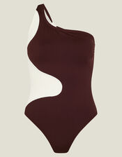 One-Shoulder Wavey Swimsuit, Brown (BROWN), large