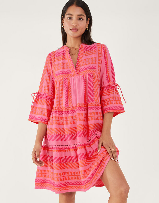 Print Jacquard Flute Sleeve Dress Pink | Beach holiday dresses ...