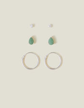 3-Pack Sterling Silver-Plated Aventurine Stud and Hoop Earrings, , large