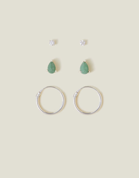 3-Pack Sterling Silver-Plated Aventurine Stud and Hoop Earrings, , large