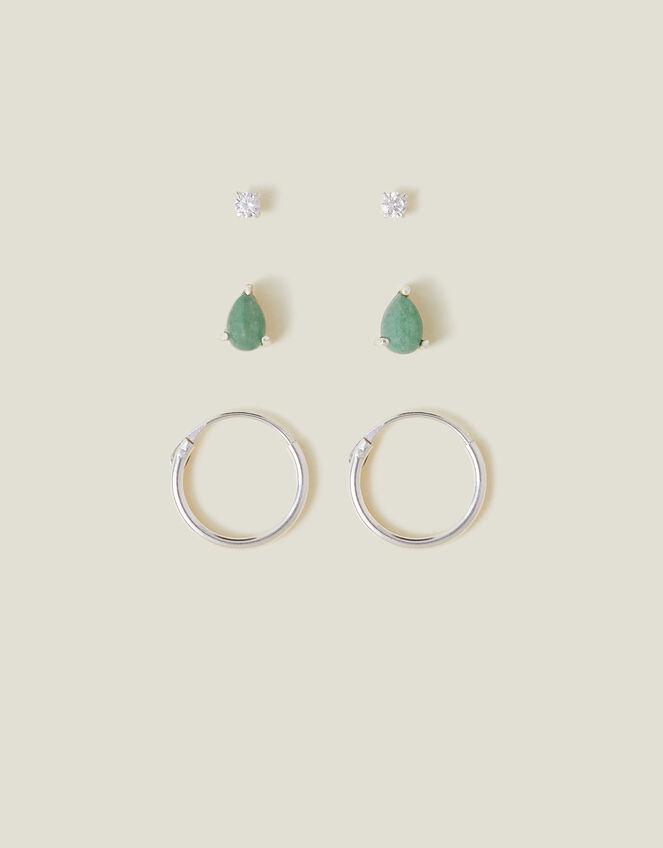 3-Pack Sterling Silver-Plated Aventurine Stud and Hoop Earrings, , large