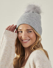 Knit Pom-Pom Beanie , Grey (LIGHT GREY), large