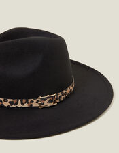 Belted Leopard Trim Fedora Hat, , large