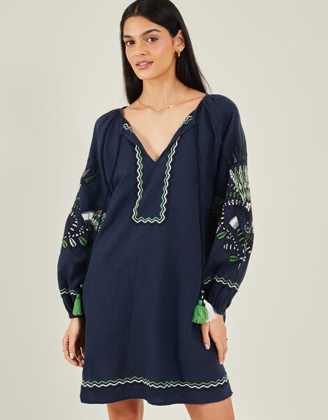 Fan Embroidered Beach Dress, Blue (NAVY), large