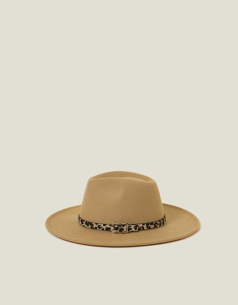 Belted Leopard Trim Fedora Hat, , large