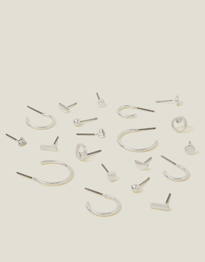 10-Pack Stud and Hoop Earrings, Silver (SILVER), large