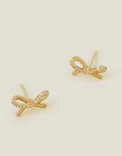 14ct Gold-Plated Diamante Bow Stud Earrings, , large