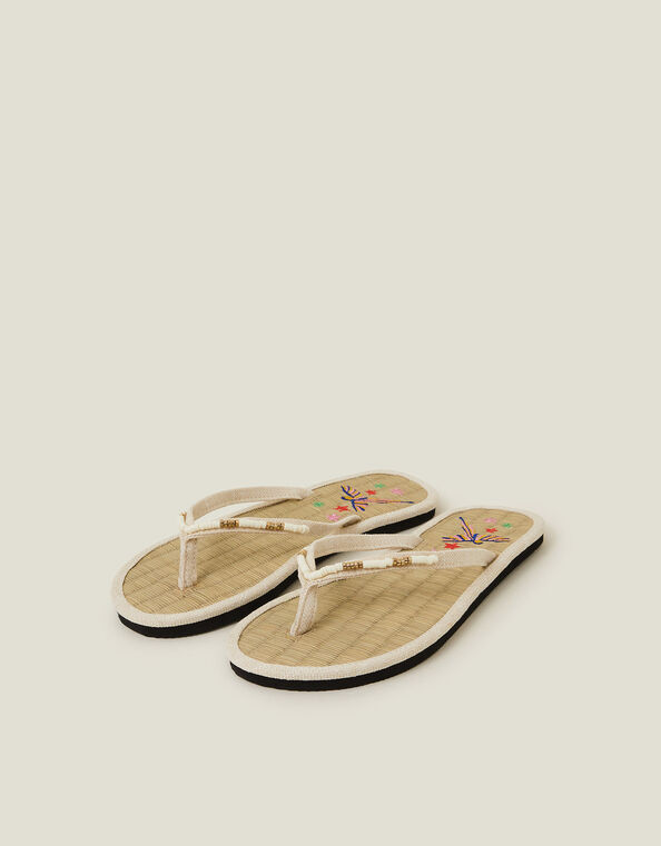 Embroidered Seagrass Flip Flops, Cream (CREAM), large