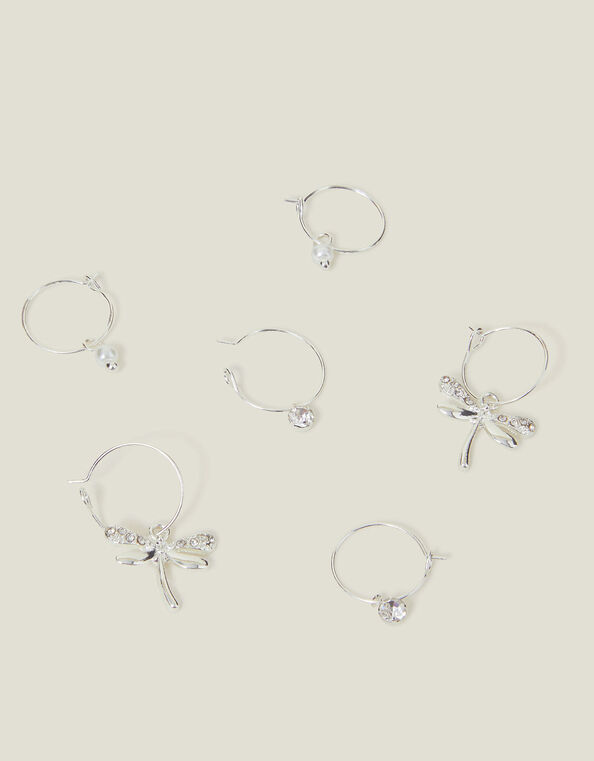 3-Pack Pearl Dragonfly Huggie Hoop Earrings, White (CRYSTAL), large