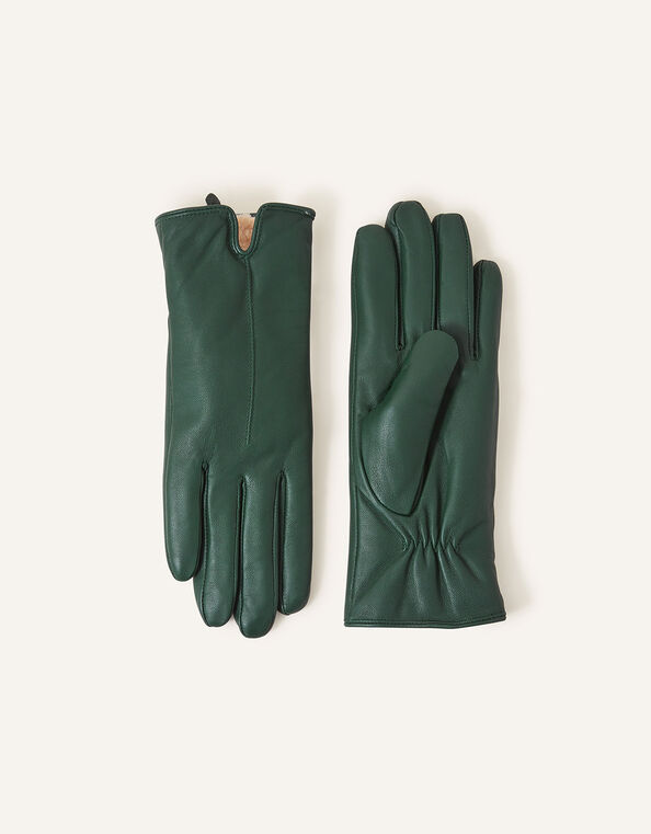 Faux Fur-Lined Leather Gloves, Green (GREEN), large