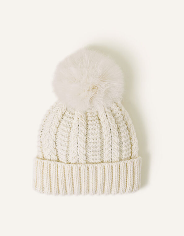 Pom-Pom Beanie Hat, Cream (CREAM), large