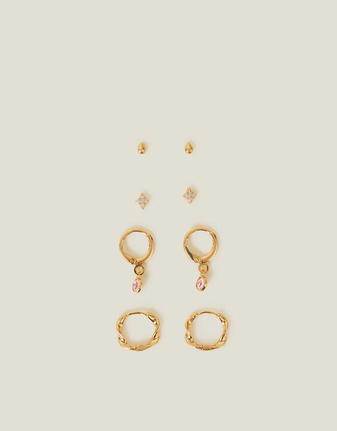 4-Pack 14ct Gold-Plated Stud and Huggie Hoop Earrings, , large