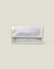 Leather Metallic Fold Over Clutch, Silver (SILVER), large