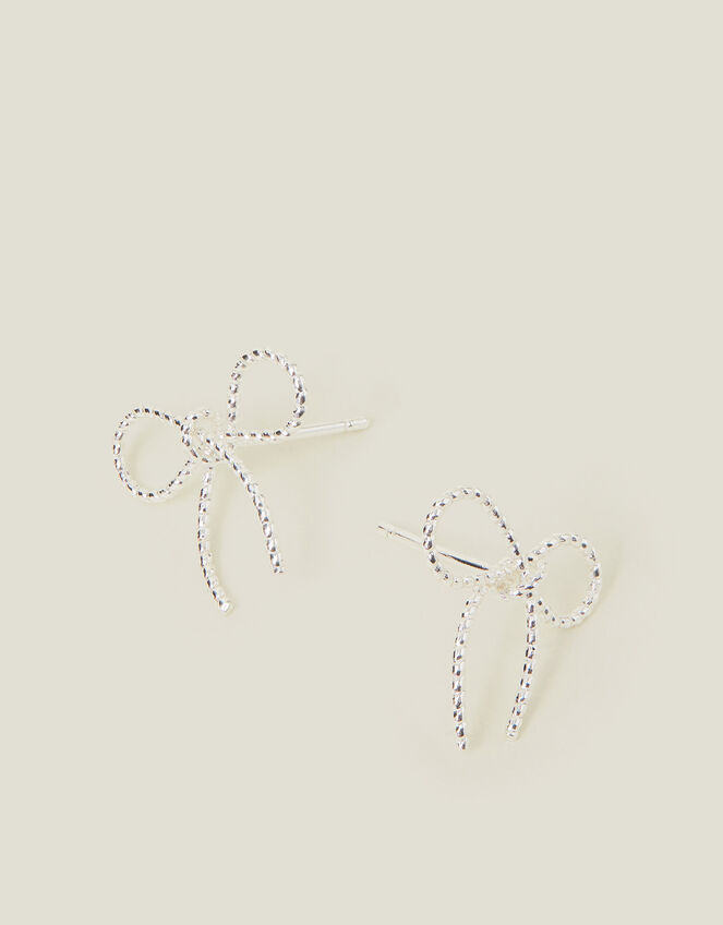 Sterling Silver-Plated Mini Bow Stud Earrings, , large