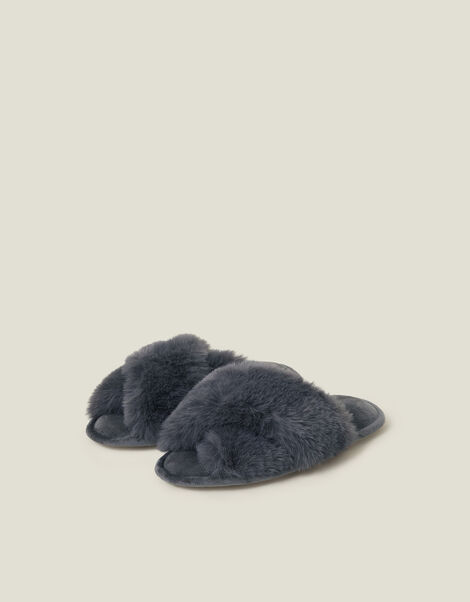 Luxe Cross Strap Faux Fur Slippers, Grey (GREY), large