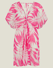 Palm Print Chiffon Beach Kaftan Dress, Pink (PINK), large