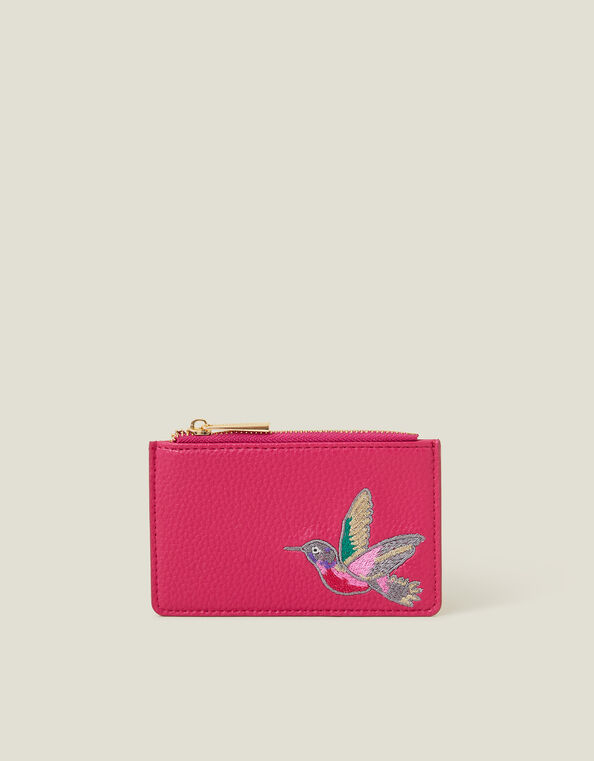 Embroidered Hummingbird Faux Leather Card Holder, , large