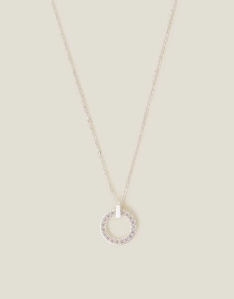 Sterling Silver-Plated Diamante Circle Pendant Necklace, , large