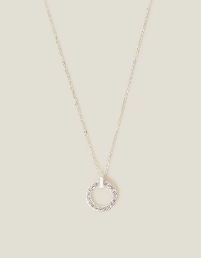 Sterling Silver-Plated Diamante Circle Pendant Necklace, , large