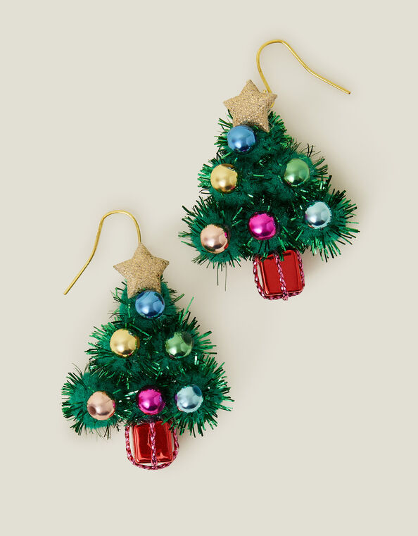 Pom Pom Christmas Tree Earrings, Green (GREEN), large