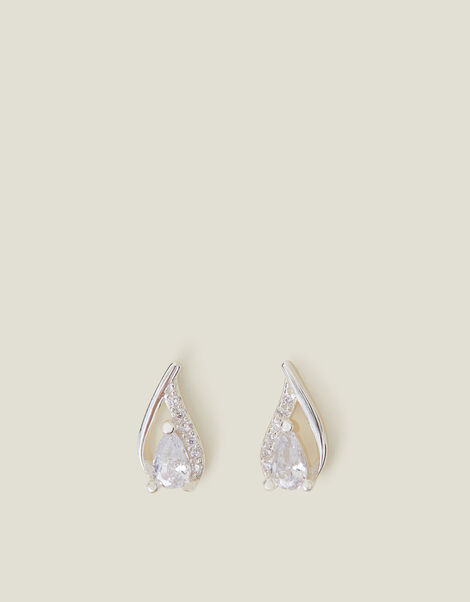 Sterling Silver-Plated Teardrop Crystal Stud Earrings, , large