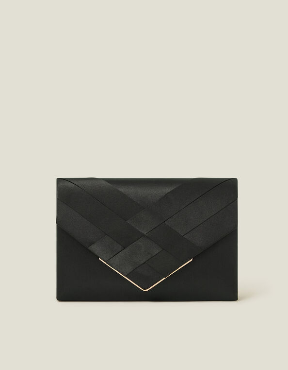 Woven Satin Envelope Clutch Bag, Black (BLACK), large