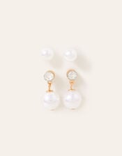 Tiny Pearl Stud and Short Drop Earrings Set of Two, Cream (PEARL), large