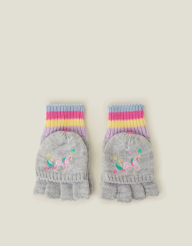 Girls Unicorn Fingerless Mitten Gloves, Grey (GREY), large