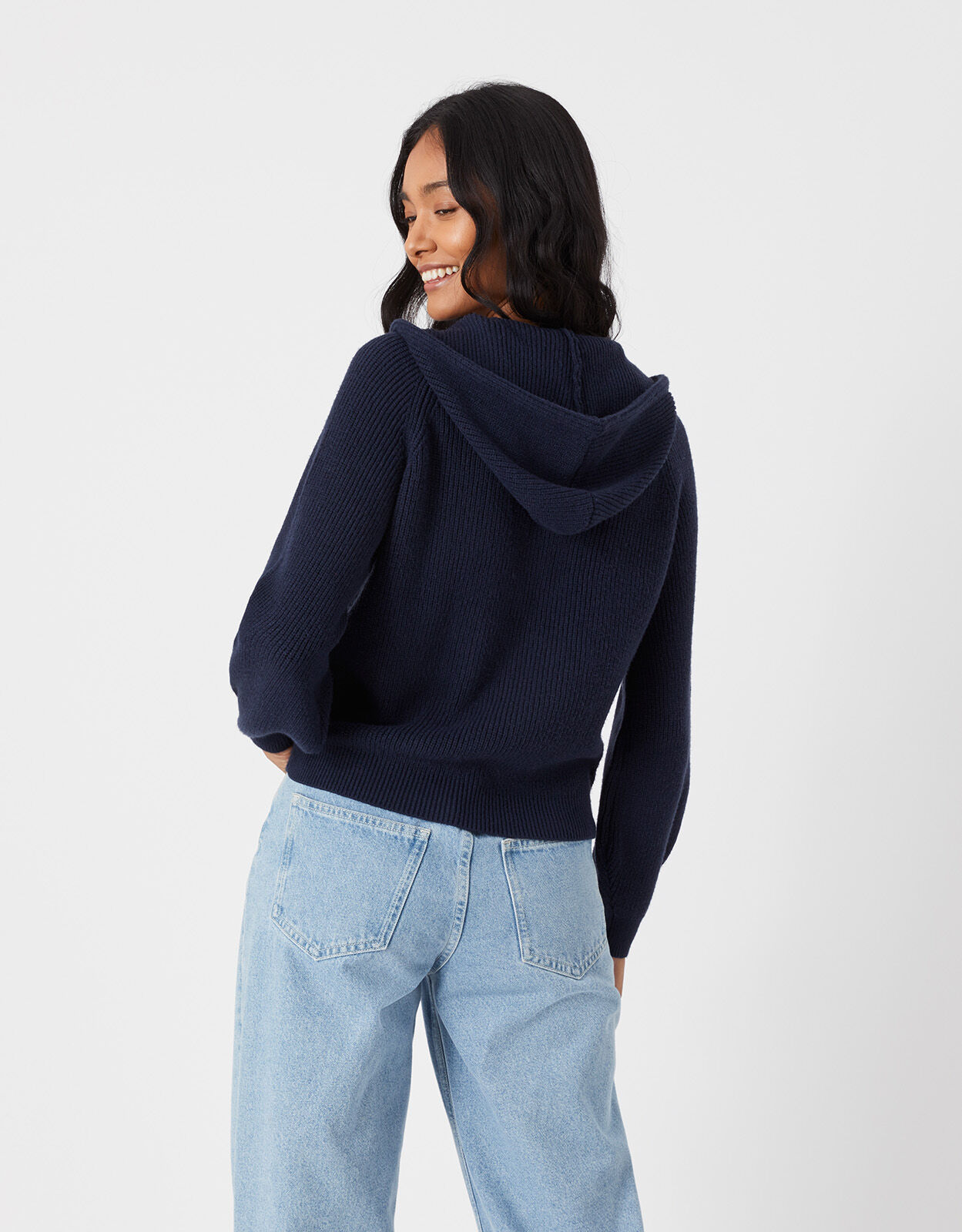 Zip Ribbed Knit Hoodie Blue