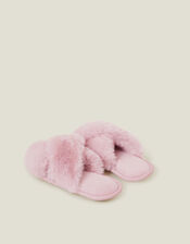 Luxe Cross Strap Faux Fur Slippers, Pink (PINK), large