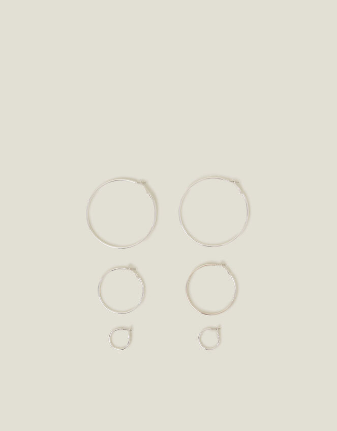 Simple Hoop Earrings Set of Three, Silver (SILVER), large