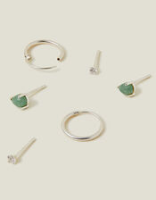 3-Pack Sterling Silver-Plated Aventurine Stud and Hoop Earrings, , large