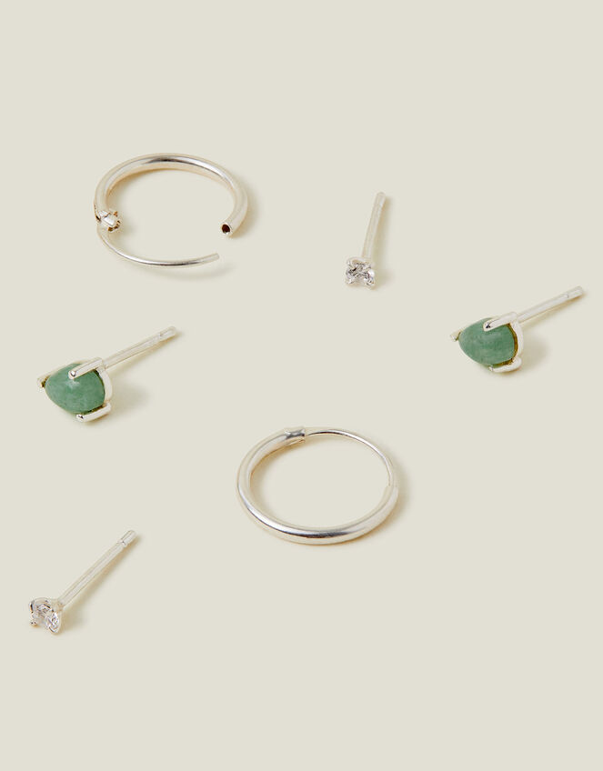 3-Pack Sterling Silver-Plated Aventurine Stud and Hoop Earrings, , large