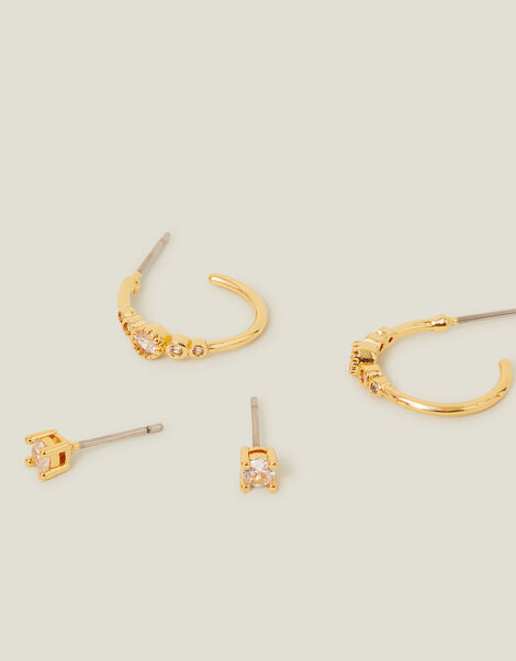 14ct Gold-Plated Diamante Stud and Hoop Earrings, , large