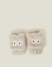 Girls Owl Fingerless Mitten Gloves, Natural (NATURAL), large